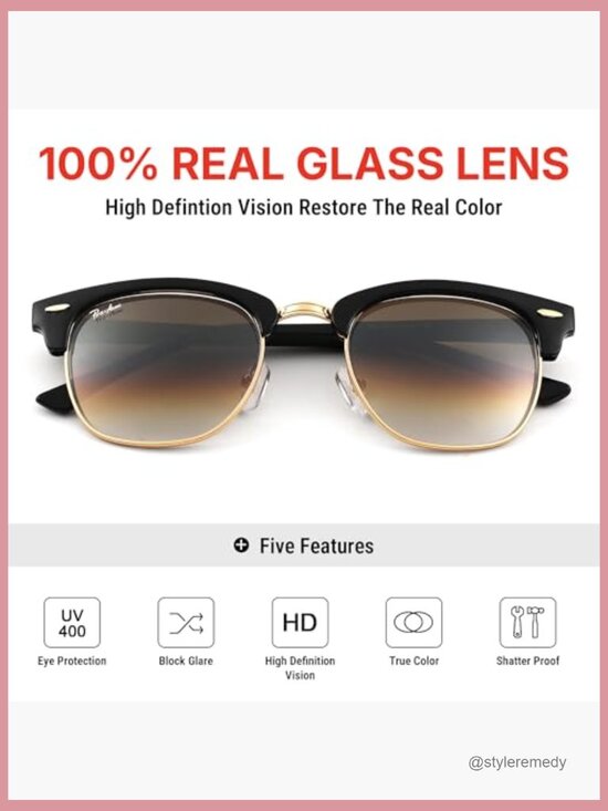 UV400 Semi-Rimless Square Sunglasses with 100% Real Glass Lens main image 6